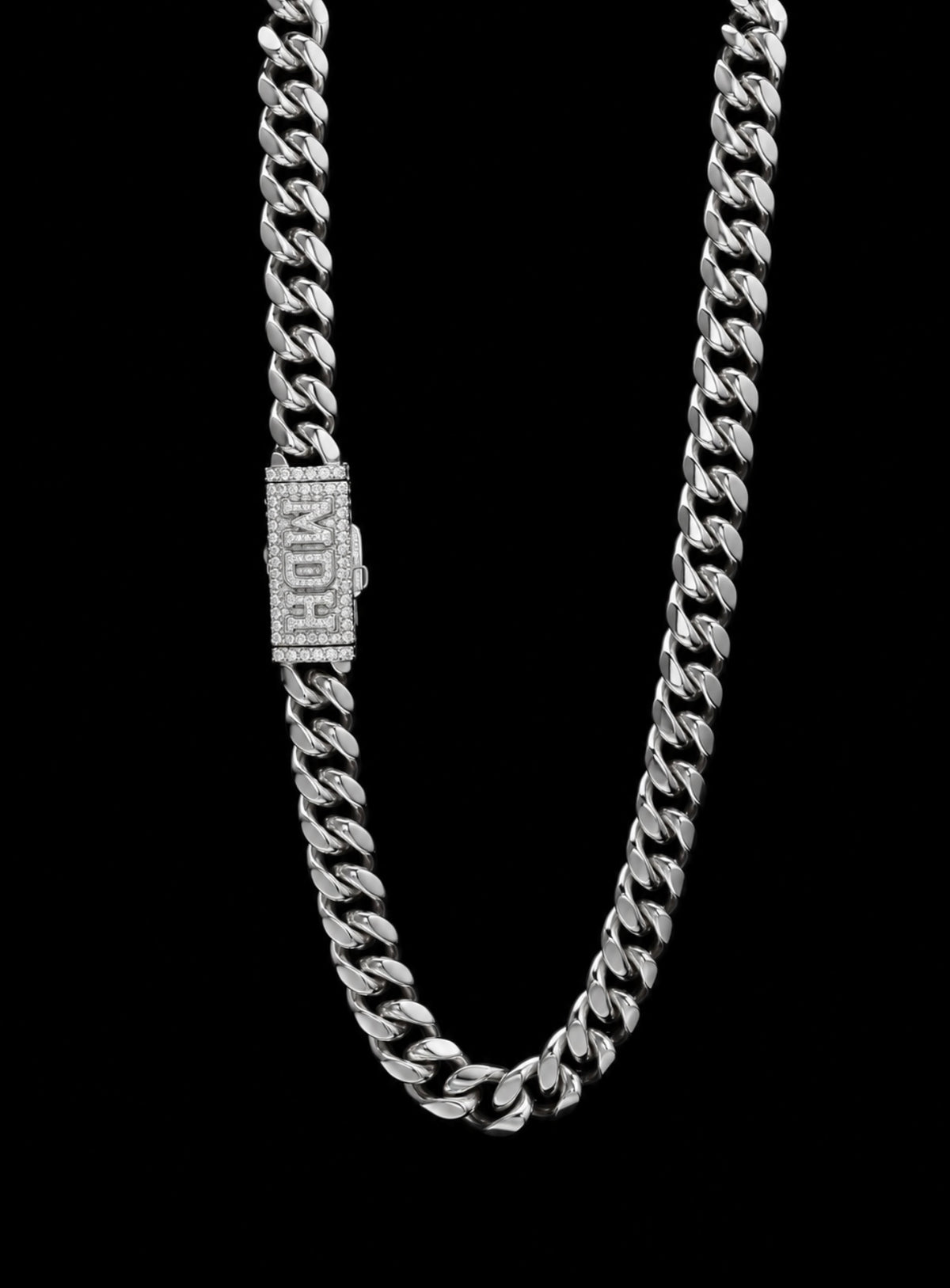 W 12mm 925 SILVER IN CUBAN LINK CHAIN WITH BOX LOCK IN PAVE SETTIN WITH CUSTOM LOGO