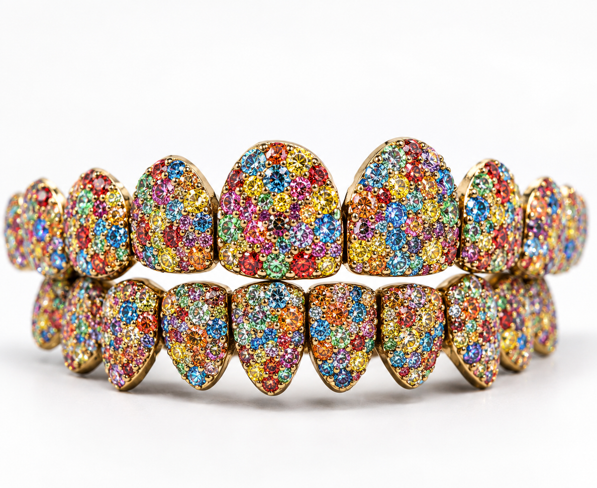 Fruity Pebbles Multicolor Sapphire Grillz — 10K Yellow Gold