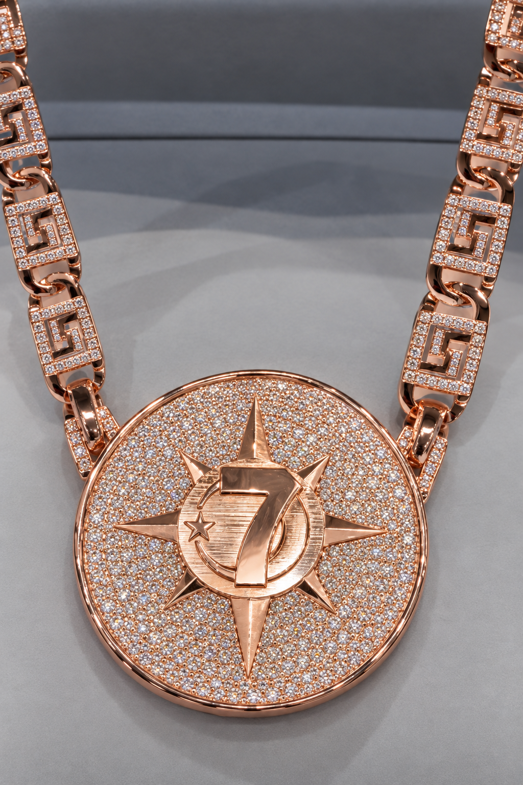 Rose Gold Compass “7” Medallion Pendant & Link Chain