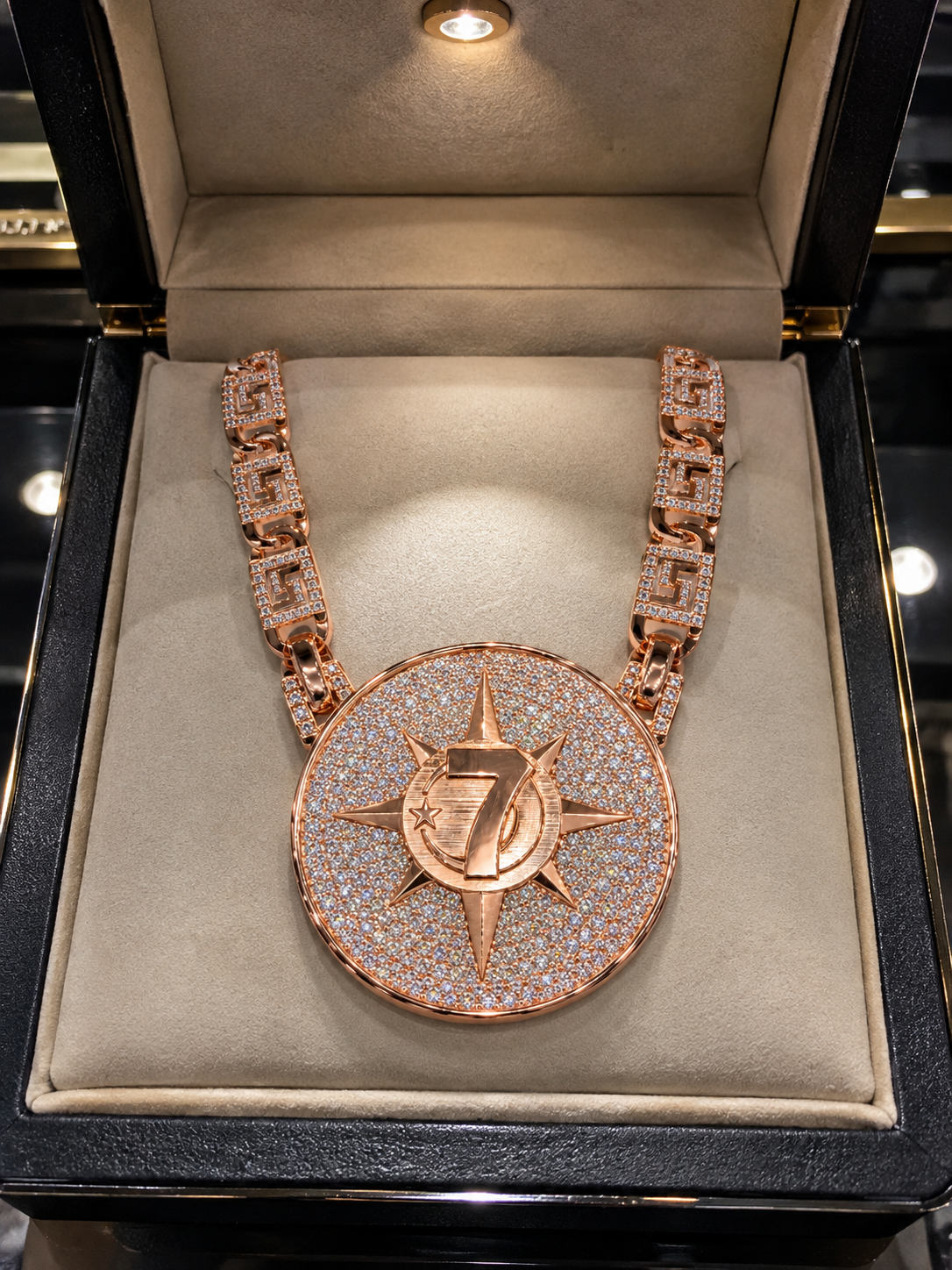 Rose Gold Compass “7” Medallion Pendant & Link Chain